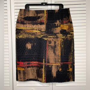 Lafayette 148 Pencil Skirt Artsy Print Wool Blend Leather Trim Brown Size 14W